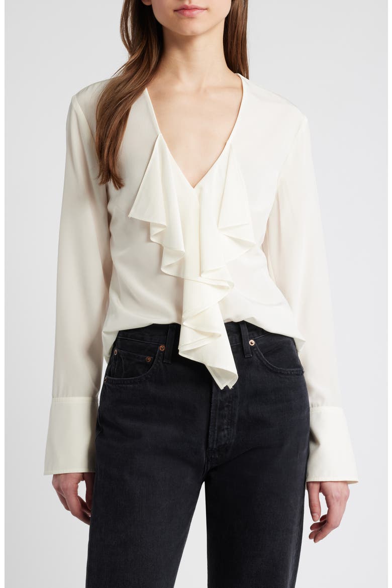Ruffle Front Long Sleeve Silk Top, Main, color, CREAM