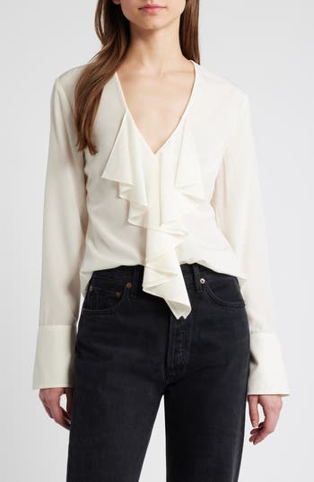 Frame Ruffle Front Long Sleeve Silk Top