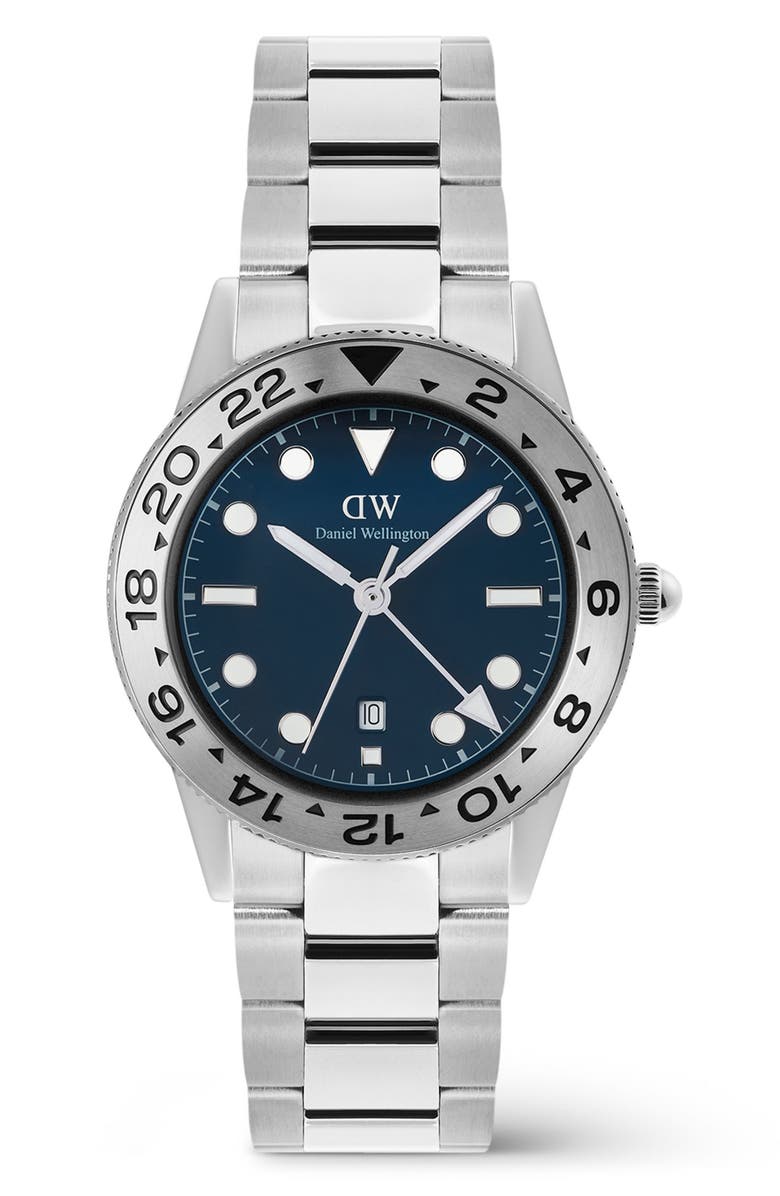 Daniel Wellington Iconic Brushed Bezel GMT Bracelet Watch, 40mm, Main, color, Silver-Tone