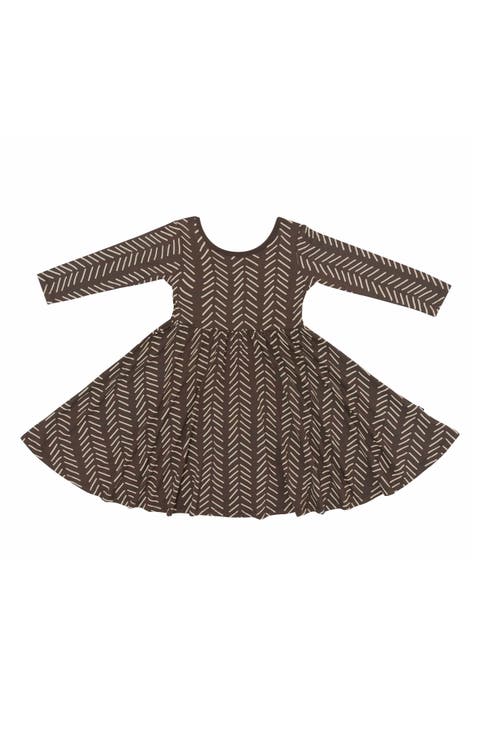 Kids' Espresso Herringbone Long Sleeve Twirl Dress (Baby & Toddler)
