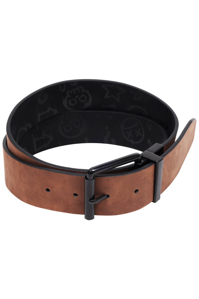 Distressed PU Reversible Belt with Allover Print, Alternate, color, BLACK