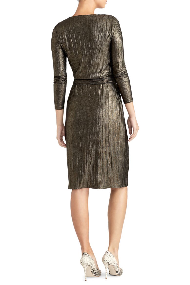 Pleated Metallic Wrap Dress, Alternate, color, BLACK/ GOLD