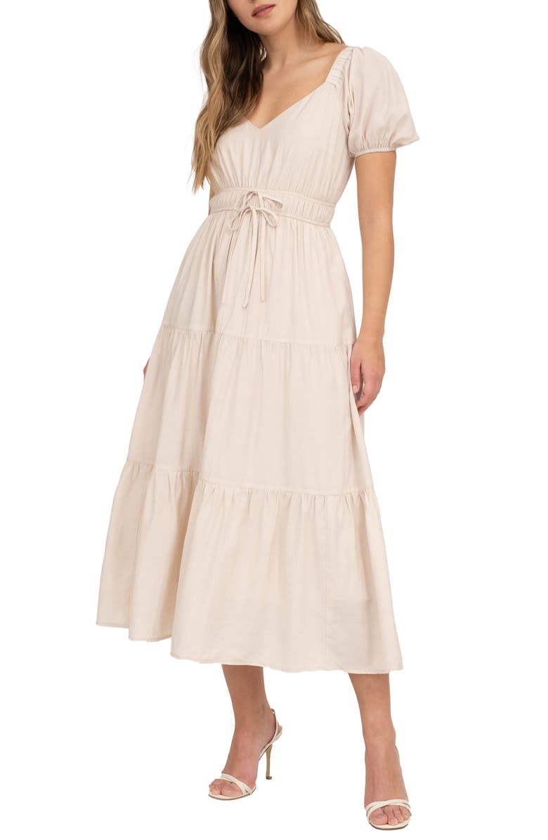 AUGUST SKY Puff Sleeve Tiered Maxi Dress, Main, color, Khaki