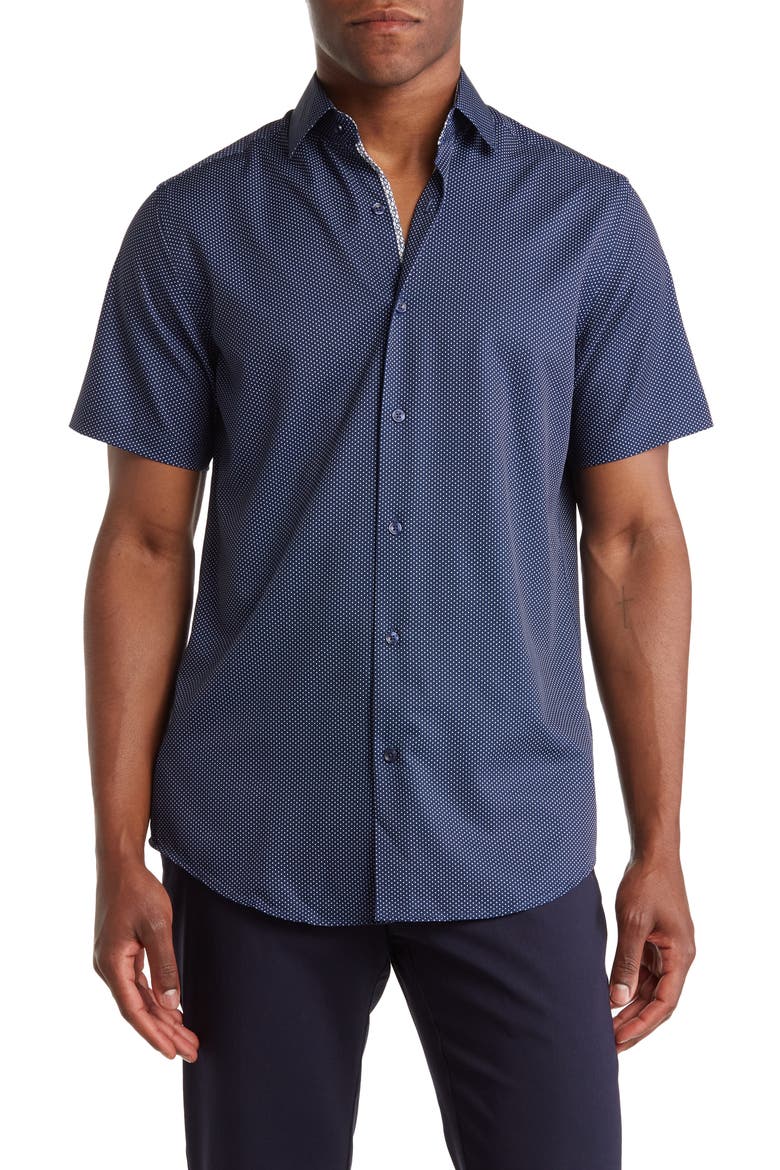 Slim Fit Performance Short Sleeve Button-Up Shirt, Main, color, NAVY