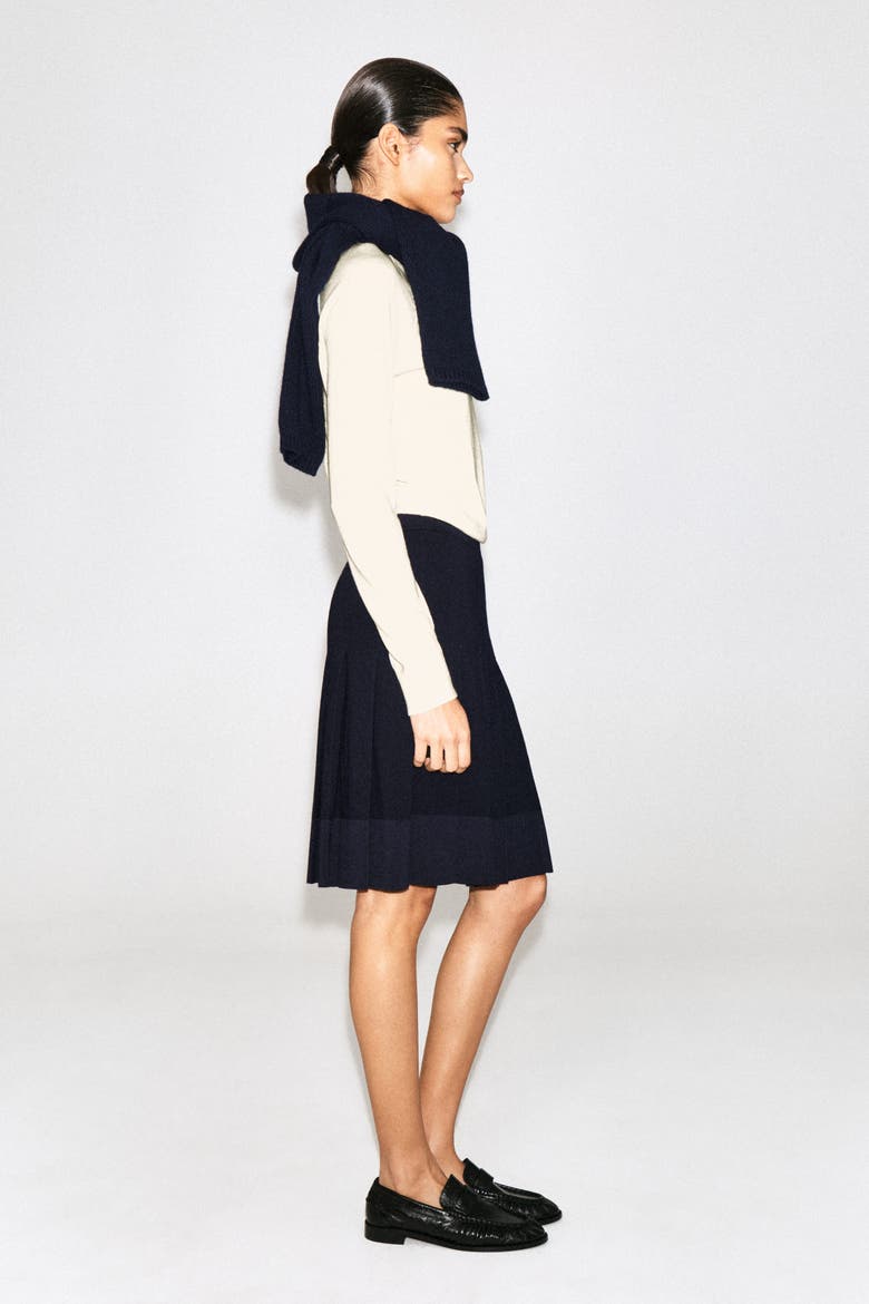 Pleated Merino Wool Midi Skirt, Alternate, color, NAVY