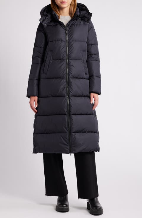 Colette Water Repellent Quilted Long Puffer Coat with Detachable Hood