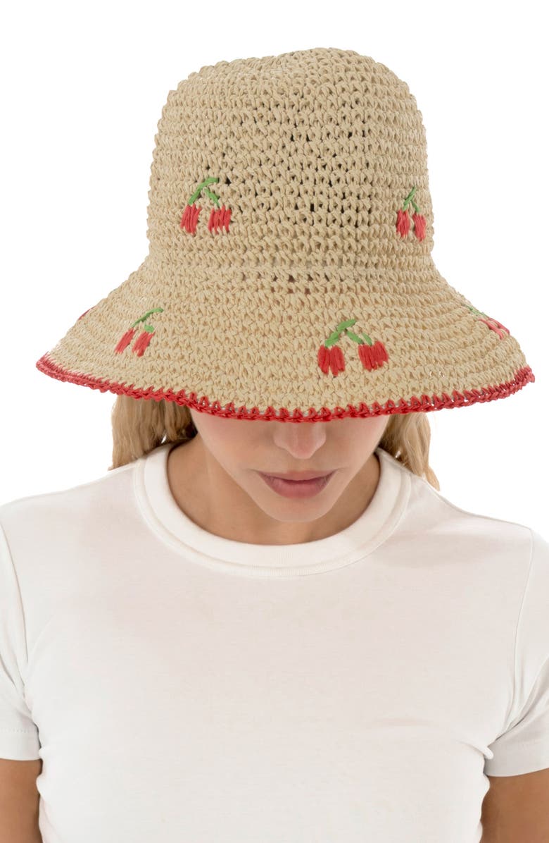 MARCUS ADLER Cherry Embroidered Straw Bucket Hat, Alternate, color, Red