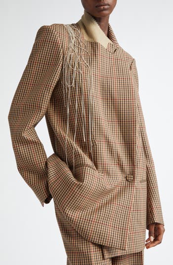 Dries Van Noten Blink Gingham Crystal Fringe Wool Blazer