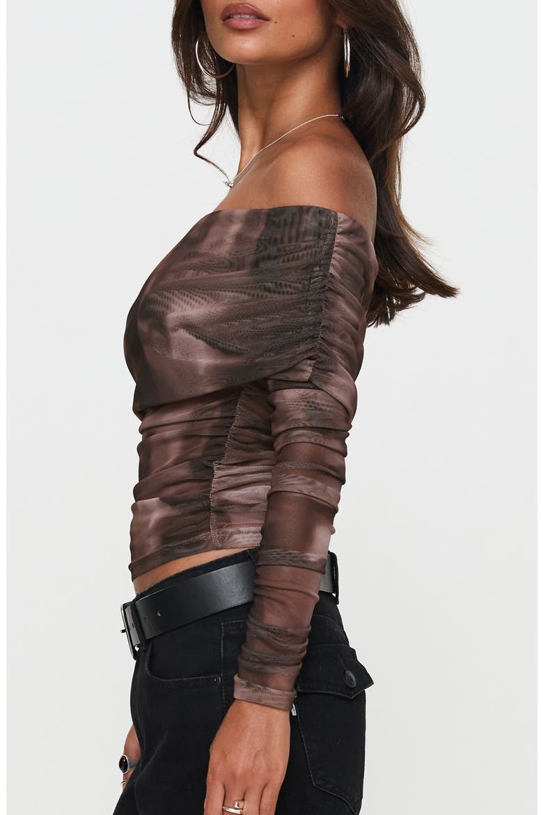 Good Taste Off the Shoulder Long Sleeve Mesh Top, Alternate, color, BROWN