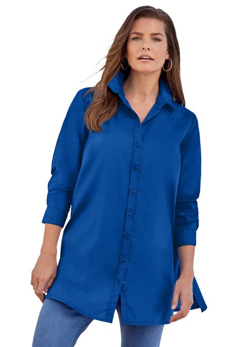 Kate Long-Sleeve Crisp Cotton-Blend Button-Front Tunic (Plus)