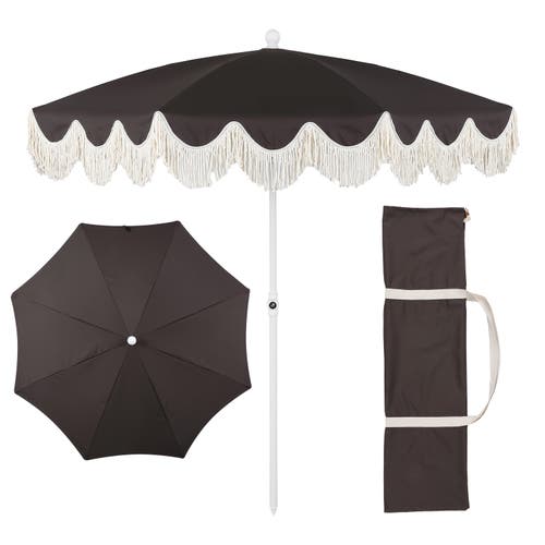 Jonathan Y Mariner 6.5 Ft. Classic Cottage Fringe Tassel Market Beach Umbrella With Push Button Tilt In Brown