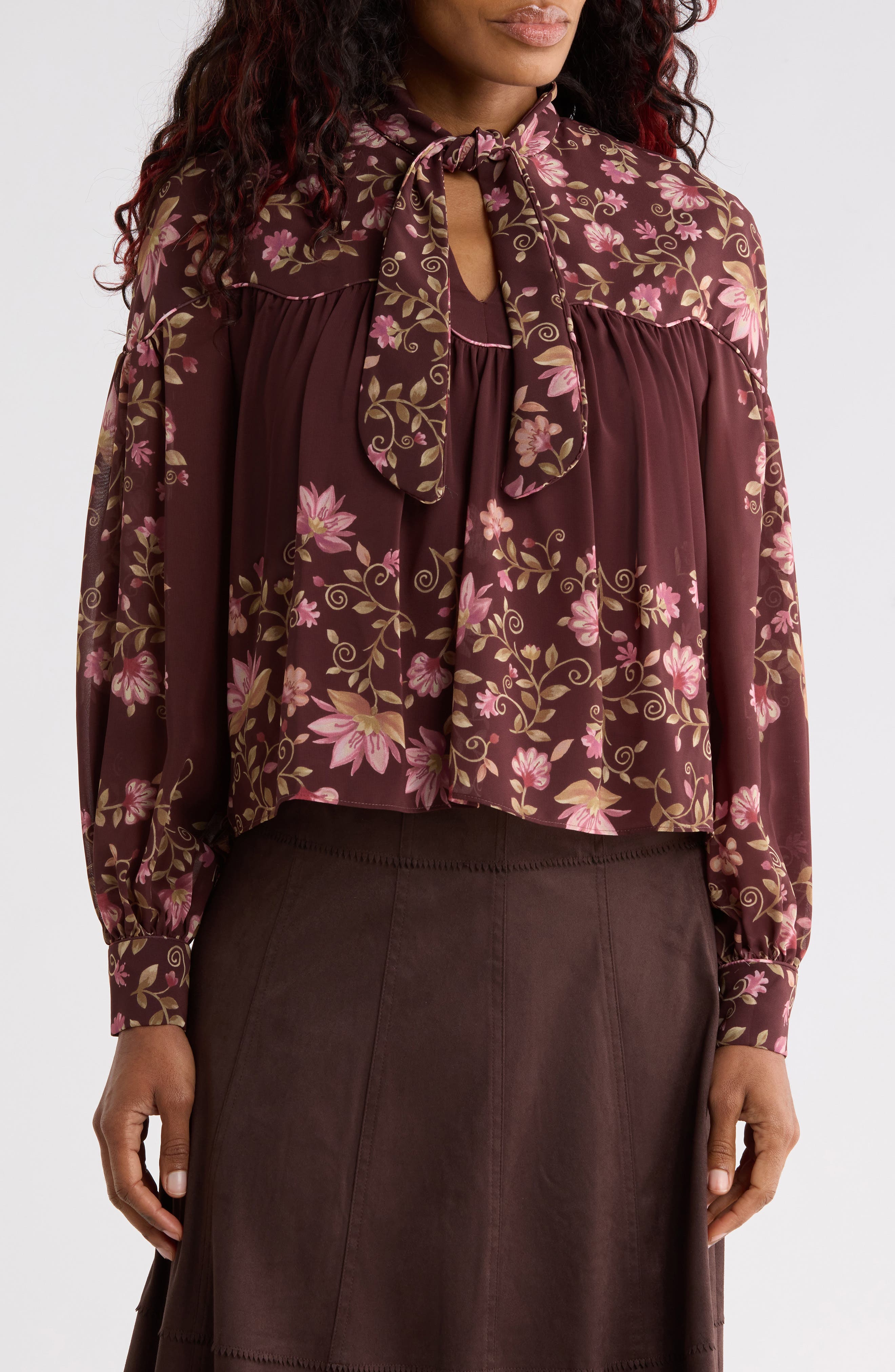 Placement Printed Tie Neck Blouse