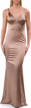La Femme Chic Long Stretch Satin Gown with V Neck and Back