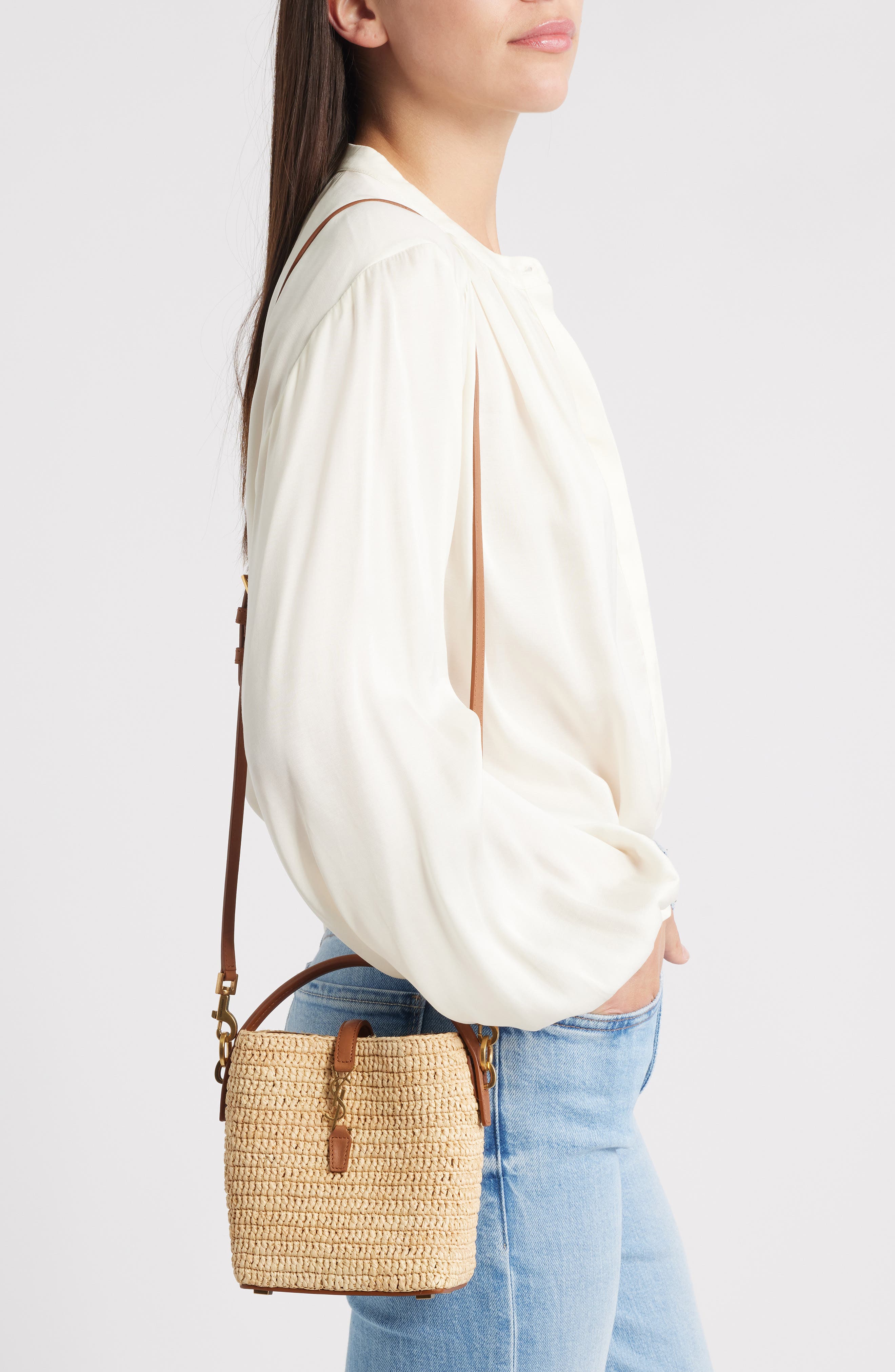 Saint Laurent Mini Le 37 Raffia Bucket Bag, Alternate, color, Naturel/ Brick