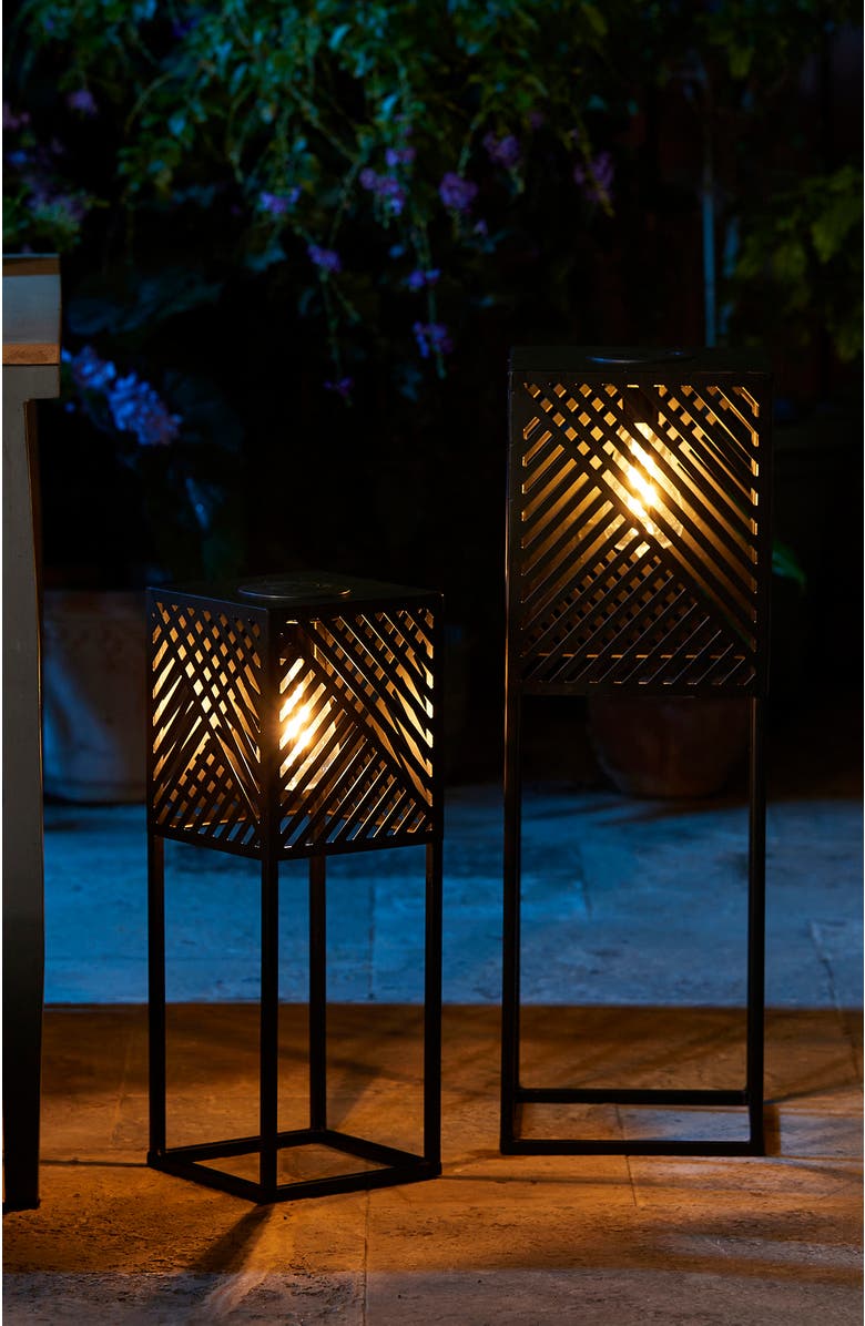 Glitzhome Set of 2 Metal Geometric Floor Solar Powered Outdoor Lanterns, Alternate, color, Black