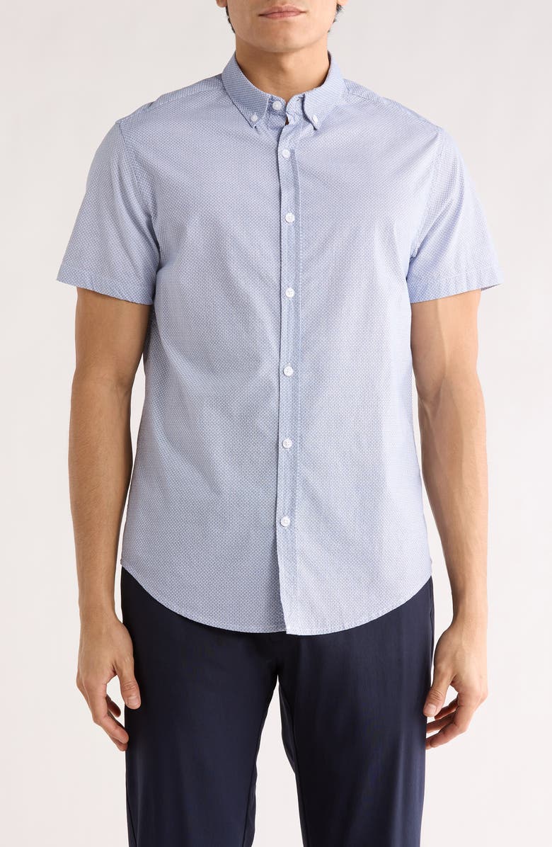 DENIM AND FLOWER Geometric Print Short Sleeve Button-Down Shirt, Main, color, Blue/ White