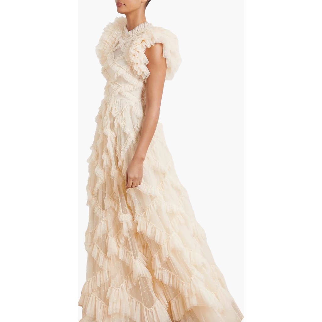 Needle & Thread Genevieve Ruffle Short Sleeve Maxi Gown In Neutral