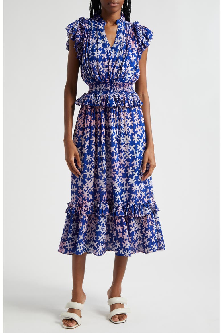 Bukola Tiered Midi Dress, Main, color, BLUE/ PINK MULTI