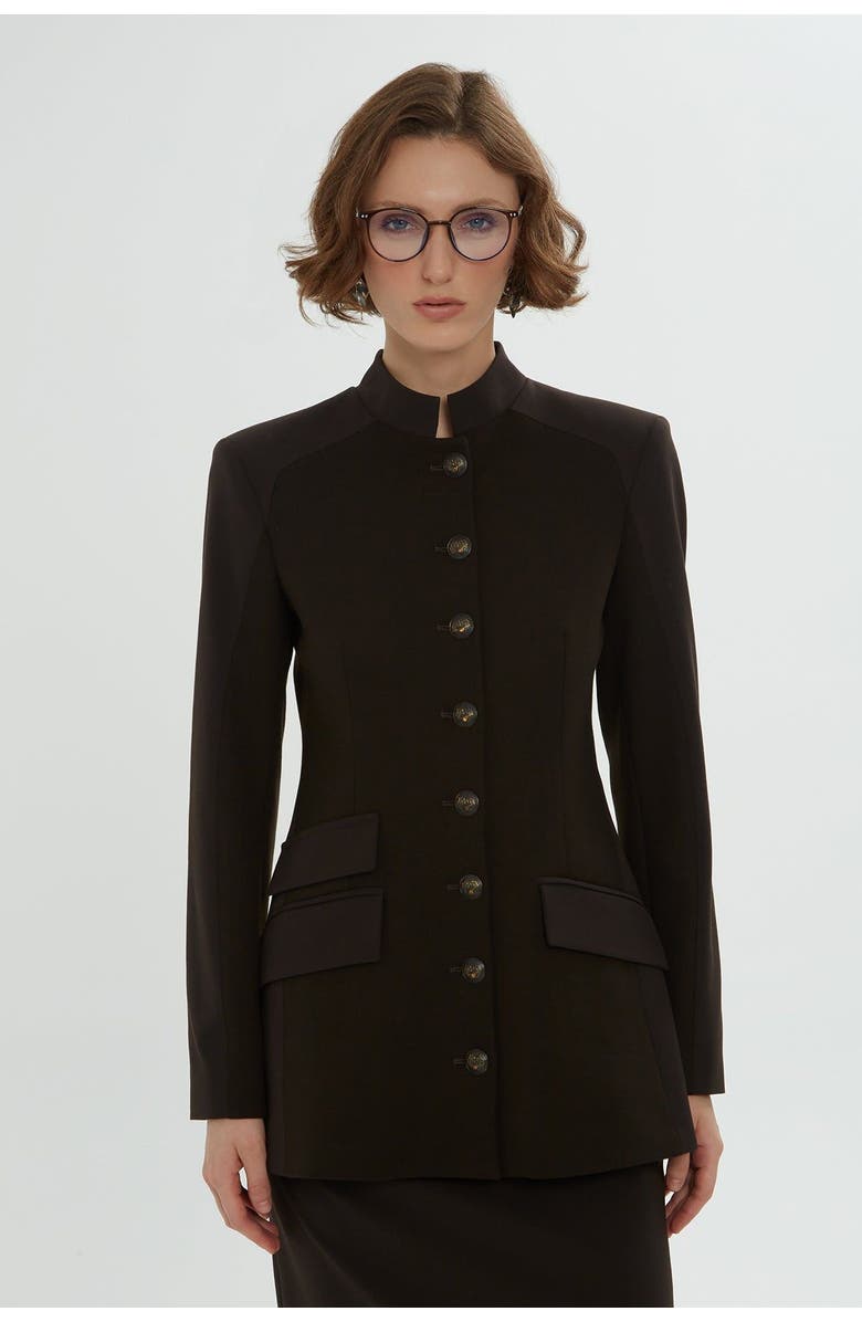 Gizia Brown Jacket and Pencil Skirt Set with Button Details, Main, color, Brown