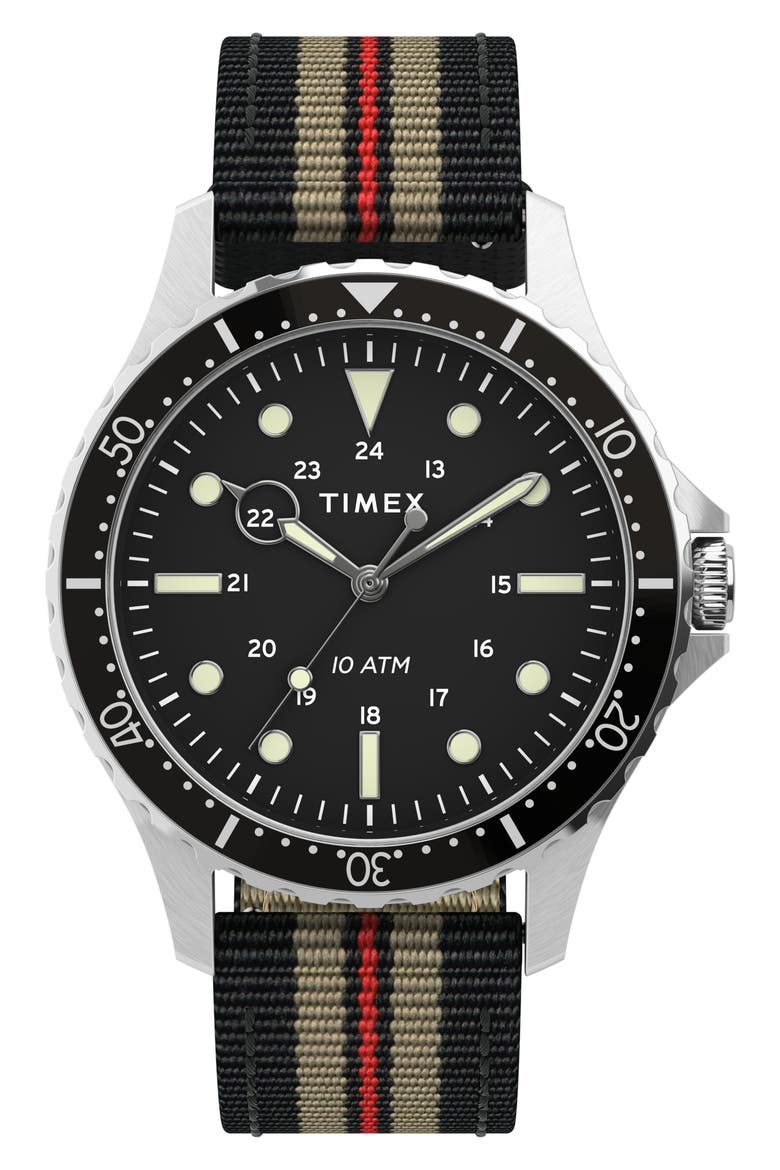Navi XL Textile Strap Watch, 41mm, Main, color, RED MULTI/ BLACK/ SILVER