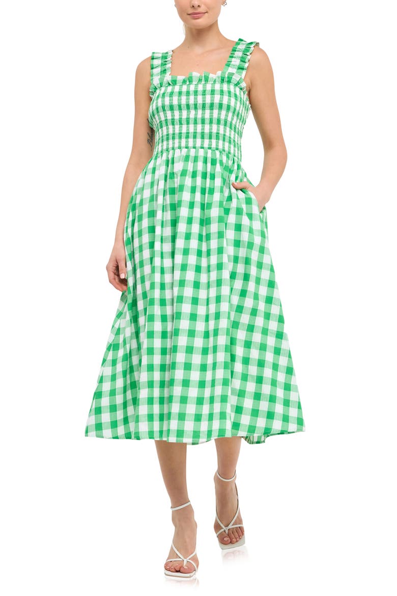 Check Print Smocked Midi Sundress, Main, color, GREEN