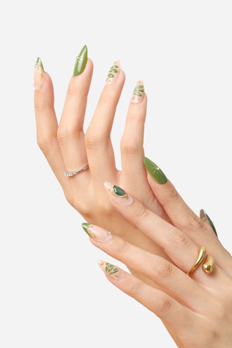 Green Butterfly Almond Press On Nails, Alternate, color, Green