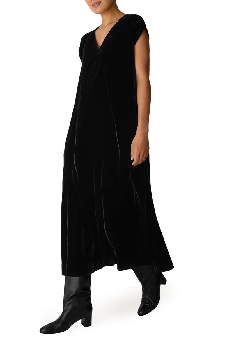 Velvet V-Neck Midi Dress, Alternate, color, BLACK