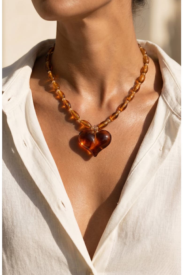 Amber Love Heart Pendant Necklace, Alternate, color, BROWN
