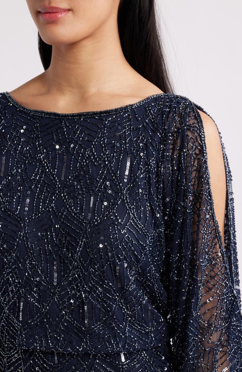 Pisarro Nights Beaded Cold Shoulder Blouson Cocktail Dress In Blue