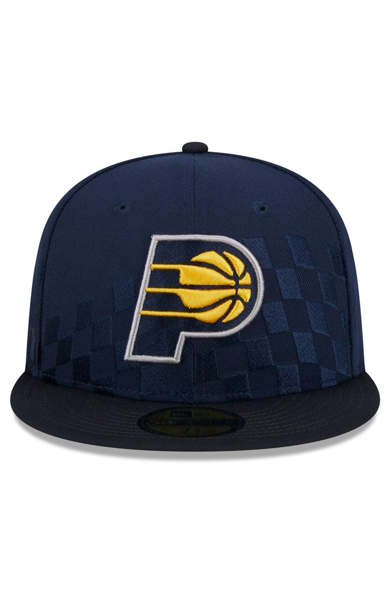 New Era Men's New Era Navy Indiana Pacers Rally Drive Checkerboard 59FIFTY Crown Fitted Hat, Alternate, color,