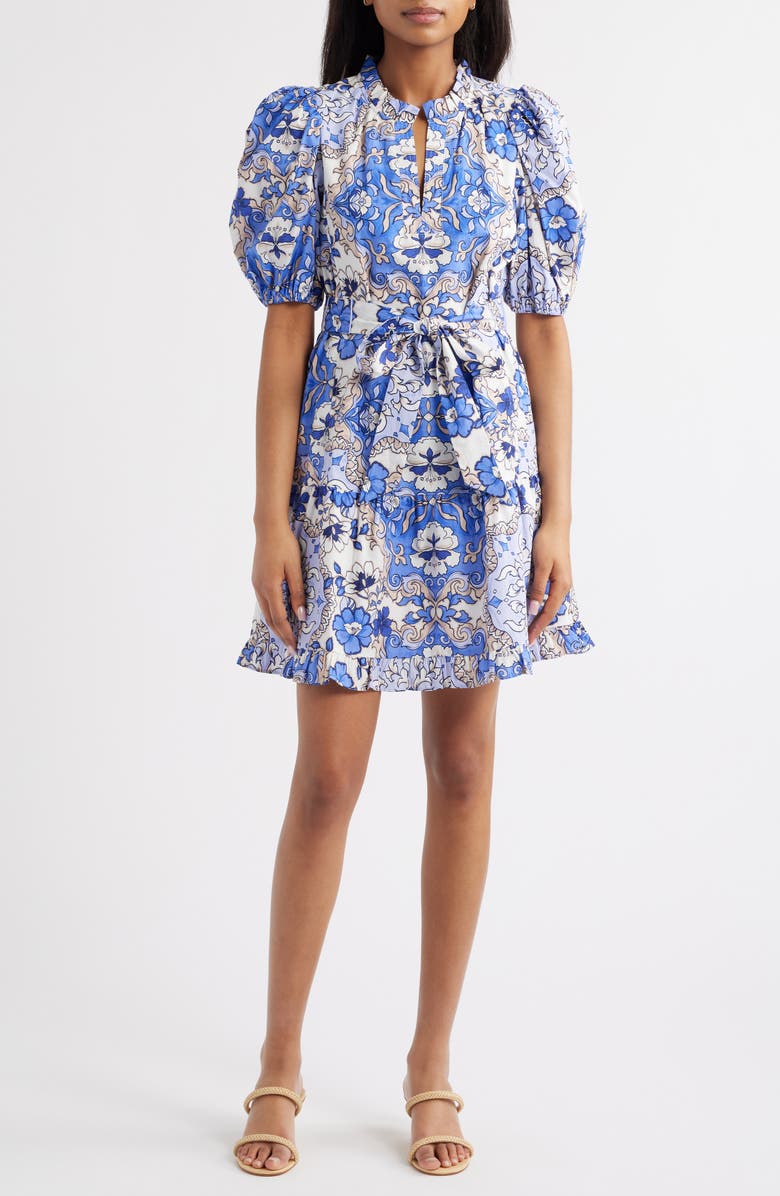 Vince Camuto Print Ruffle Tie Waist Puff Sleeve Dress, Main, color, 