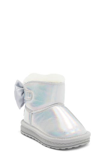 Doe A Dear Kids' Rhinestone Tassel Faux Fur Trim Boot In Silver