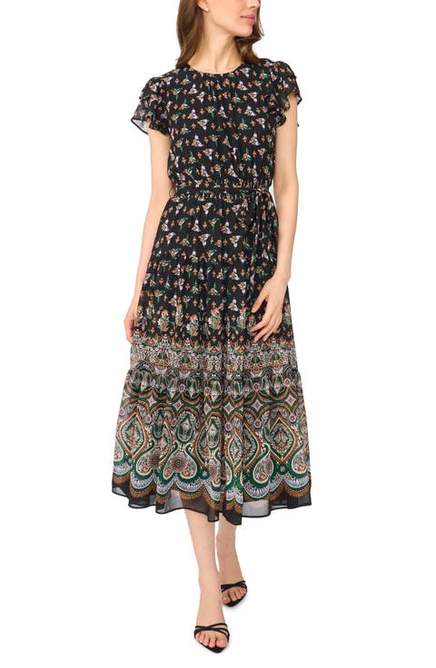 Floral Print Flutter Sleeve Midi Dress