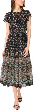CeCe Floral Print Flutter Sleeve Midi Dress
