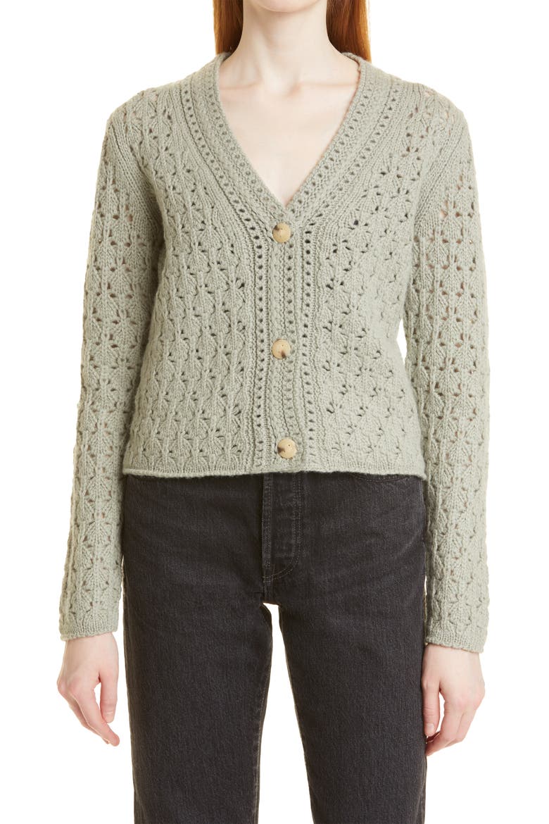 Crochet Wool & Cashmere Cardigan Sweater, Main, color, ARTICHOKE