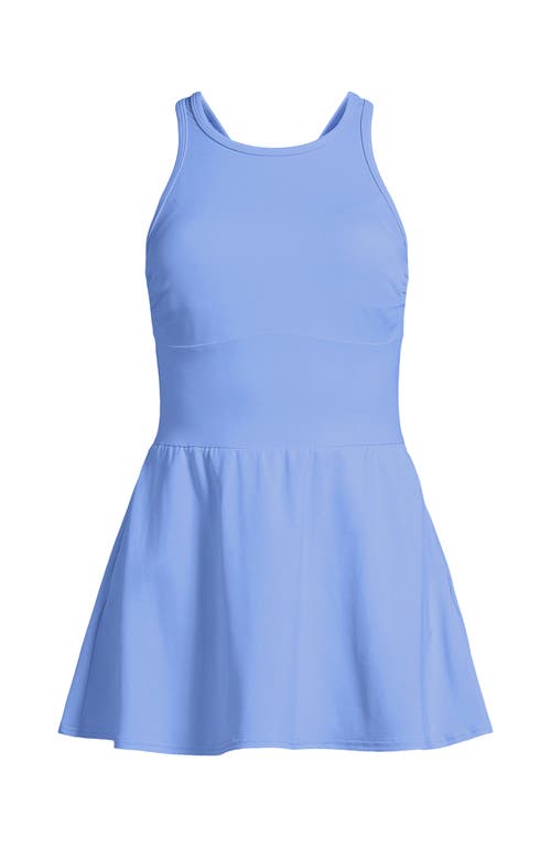 Lands' End Chlorine Resistant Tugless High Neck Swim Dress One Piece Swimsuit In Blue