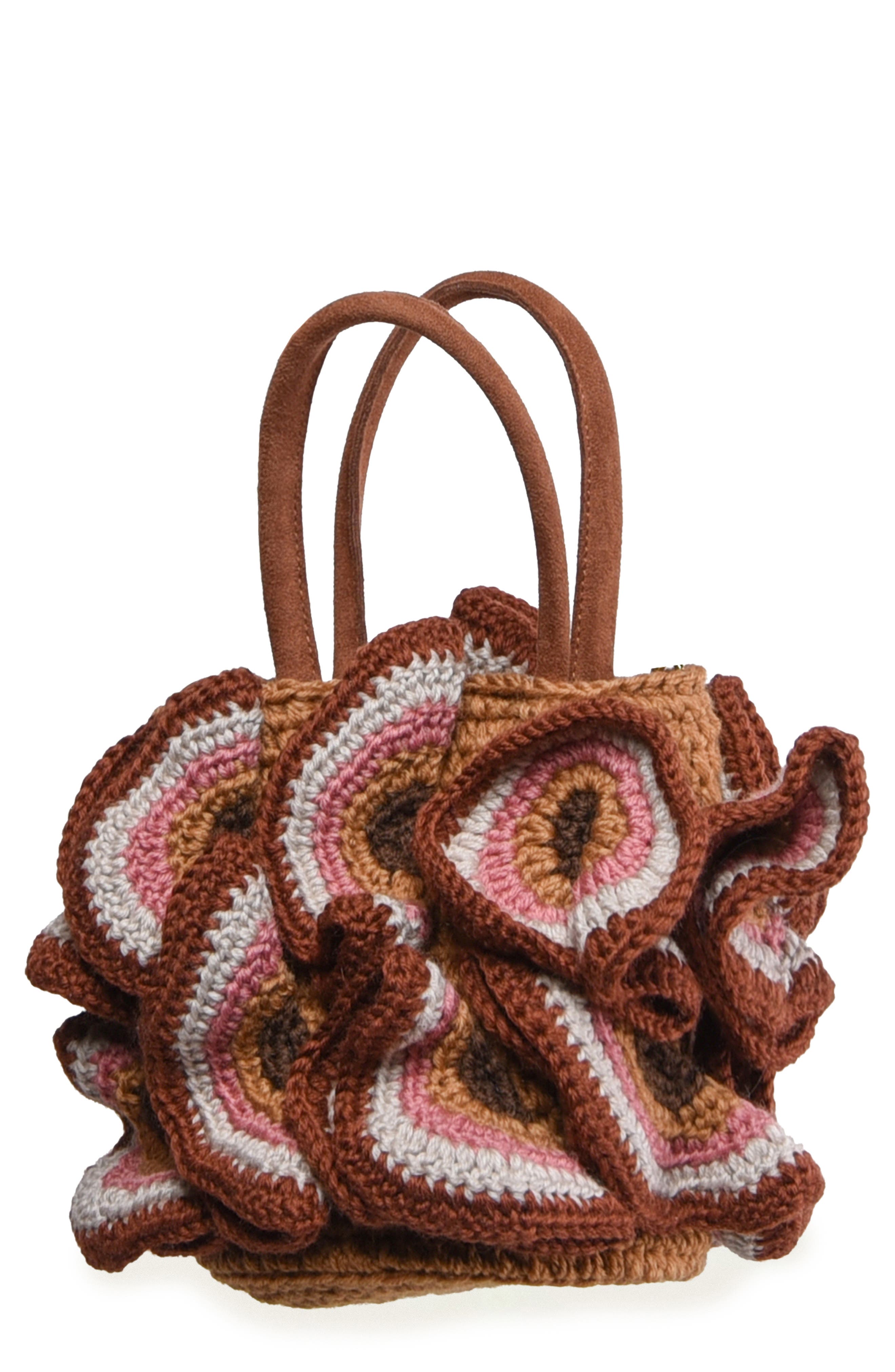 Crochet Flower Handbag, Main, color, BROWN MULTI