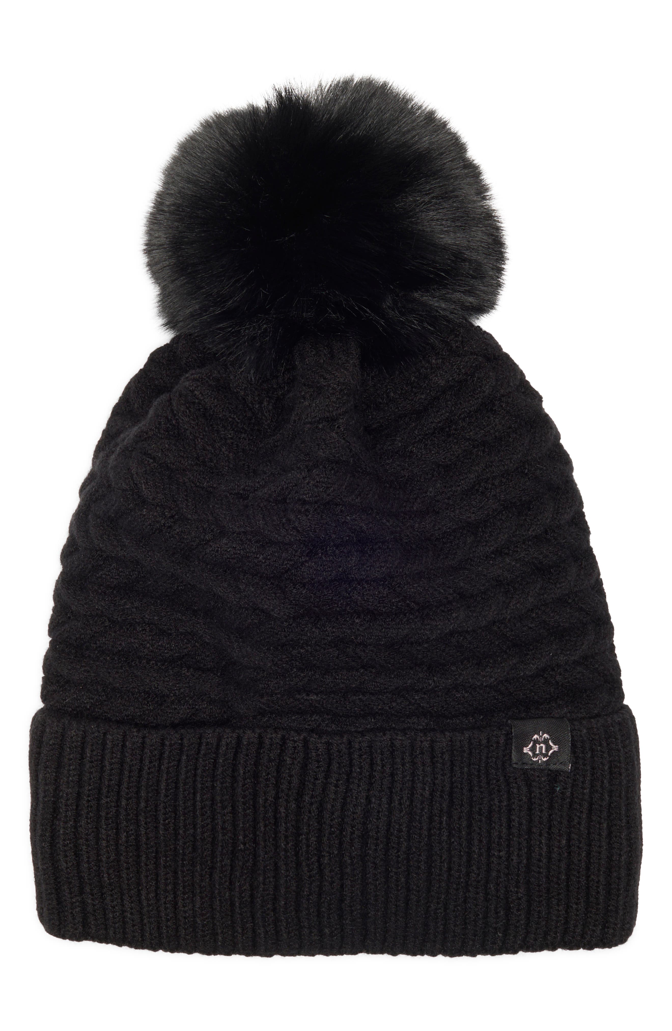 Nanette Lepore Braided Knit Beanie with Faux Fur Pompom