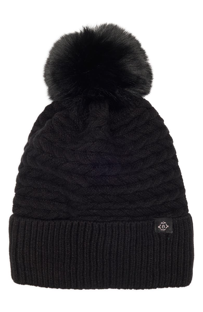 Nanette Lepore Braided Knit Beanie with Faux Fur Pompom, Main, color, Black