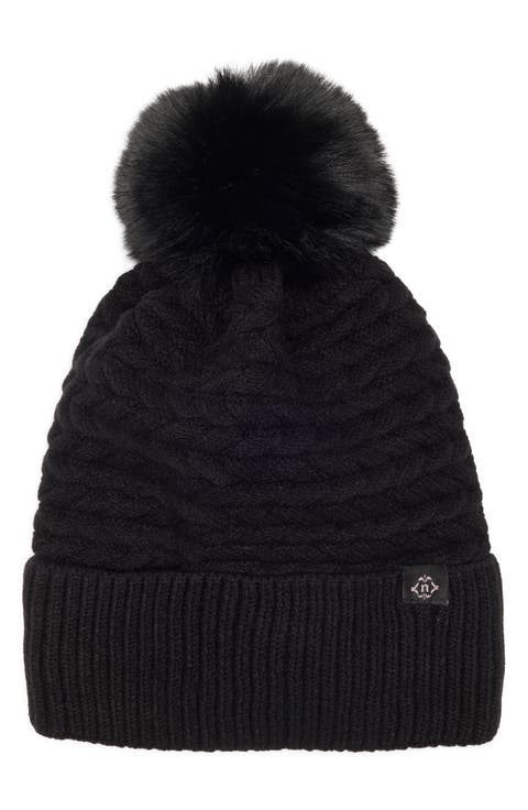 Braided Knit Beanie with Faux Fur Pompom