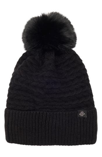 Nanette Lepore Braided Knit Beanie With Faux Fur Pompom In Black