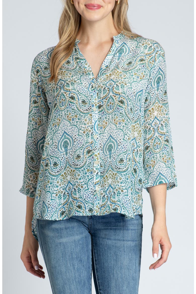 Print Mandarin Collar Chiffon Button-Up Top, Main, color, GREEN MULTI