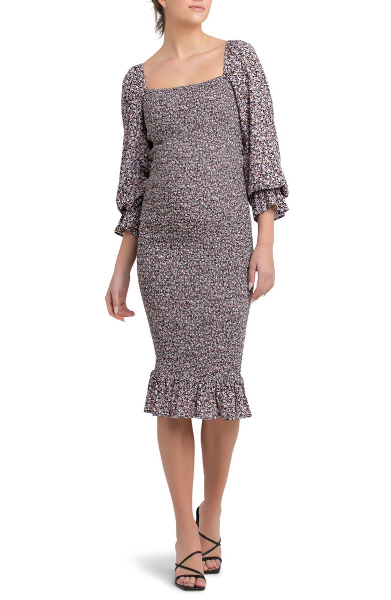Ripe Maternity Willow Print Smocked Ruffle Maternity Dress, Main, color, 