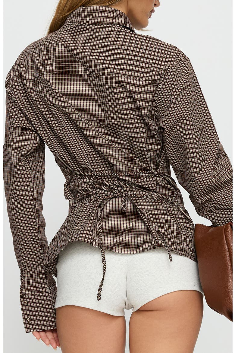 Xinia Check Button-Up Back Tie Blouse, Alternate, color, BROWN CHECK