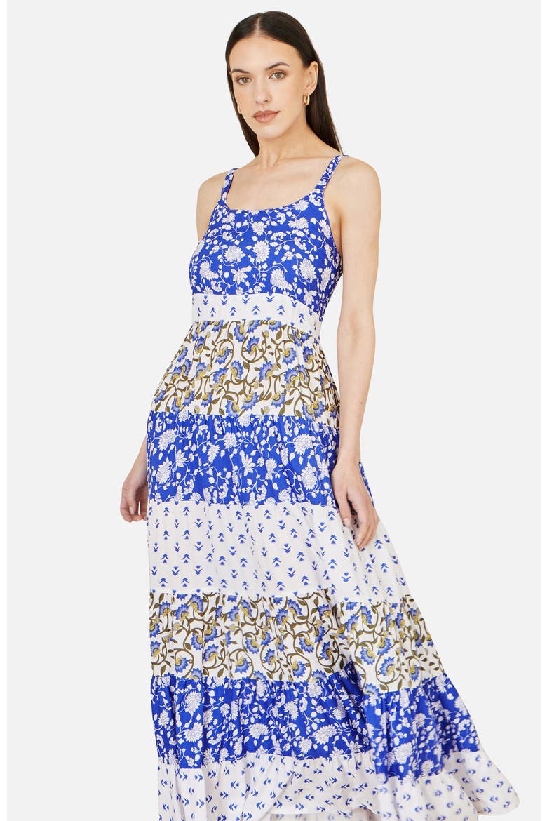 Patchwork Print Tiered Maxi Dress, Alternate, color, Blue