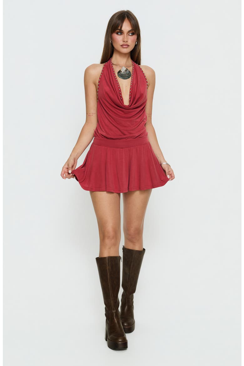 Khoda Studded Cowl Neck Open Back Halter Minidress, Alternate, color, BURGUNDY