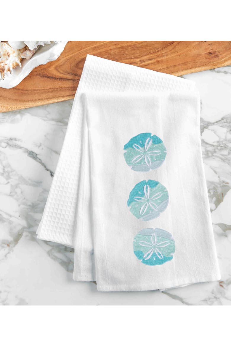 Sand Dollar Trio Embroidered Cotton Flour Sack Kitchen Towel, Alternate, color, Blue