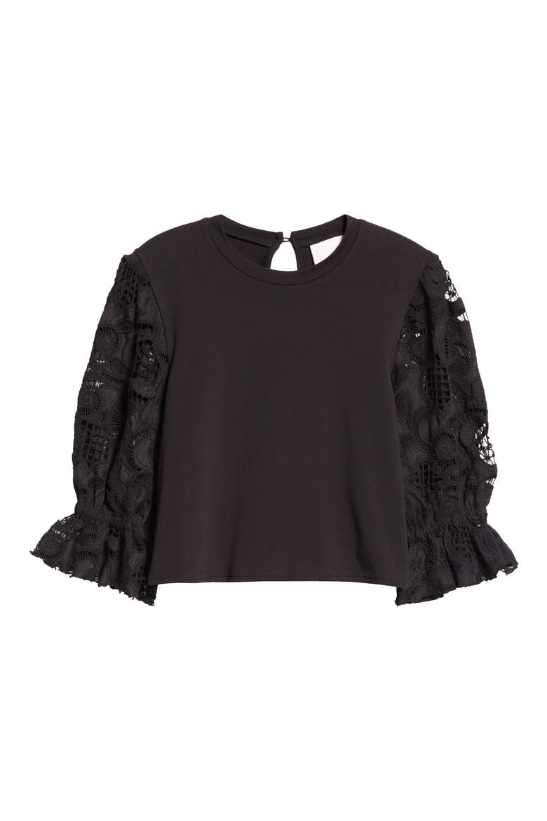 Mixed Media Puff Sleeve T-Shirt, Alternate, color, BLACK