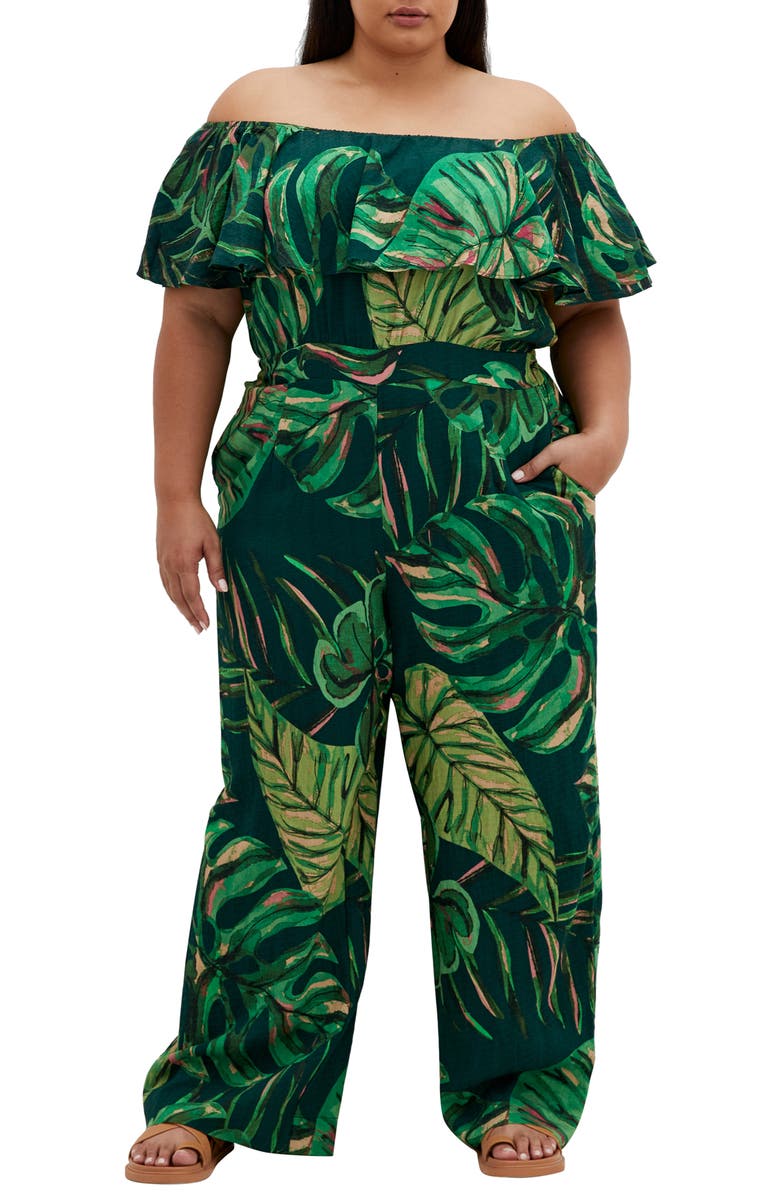 City Chic Peta Palm Jumpsuit, Main, color, 