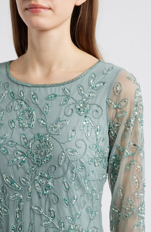 Pisarro Nights Floral Beaded Tulle Gown In Soft Sage
